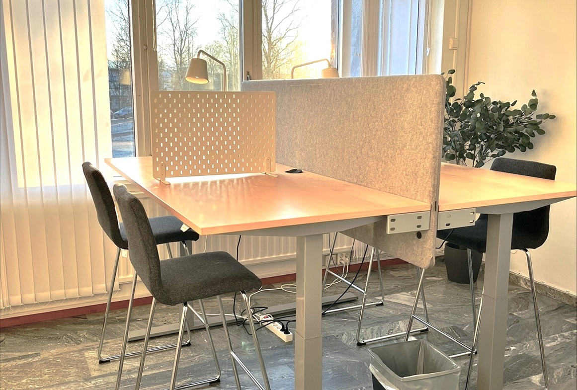 Höga arbetsplatser med barstolar, bordsskivor med skärmar mellan platserna, läslampor och fönster.
