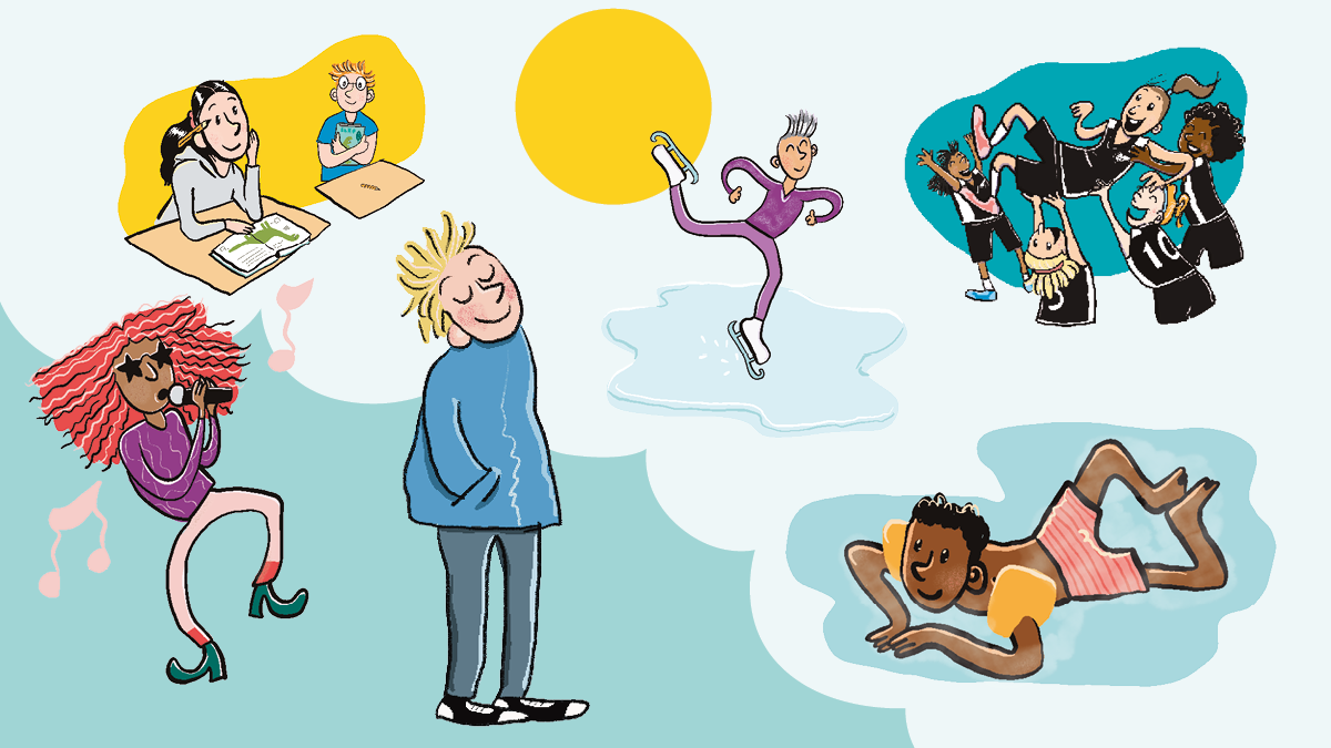 Illustrationer av barn som skriver, dansar, sjunger och så vidare.