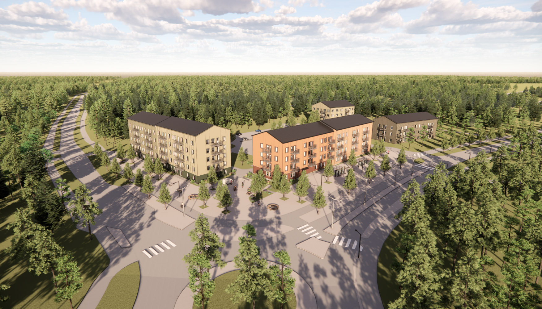 Visionsskiss för området längs Kronanvägen. Illustration Nordmark & Nordmark.