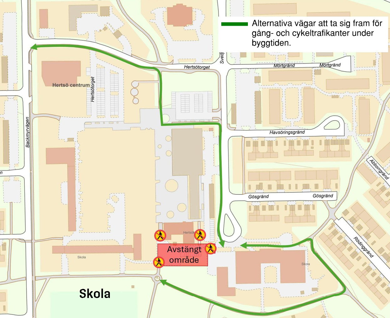 Alternativa gång- och cykelvägar visas i gröna linjer.