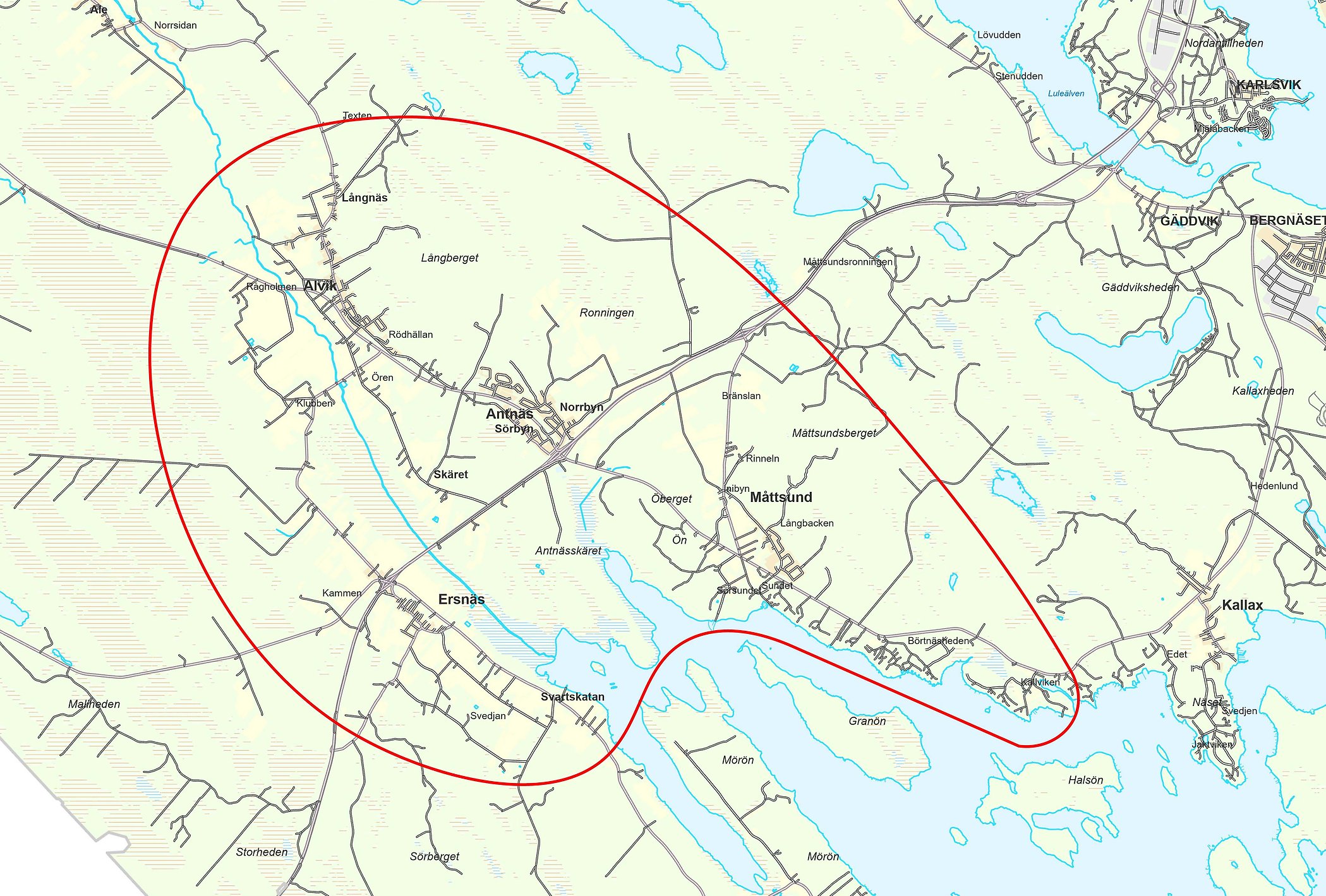 Preliminär karta över området som kan komma att ingå i den fördjupade översiktsplanen för Antnäs, Alvik, Ersnäs och Måttsund. Fastställd karta kommer under hösten.