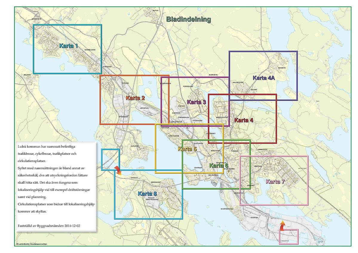 Översikt kartor namn på gatubroar, cykelbroar och cirkulationsplatsre. Länkar till en PDF